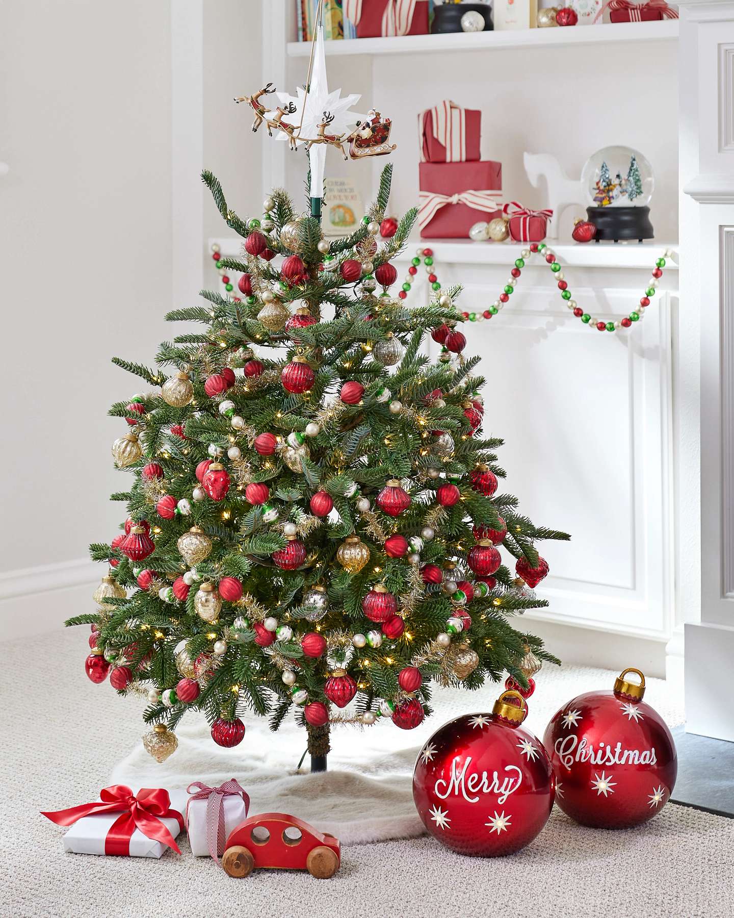Balsam Hill Lodge Faux Fur Artificial Christmas Tree Skirt Styled in Living Room