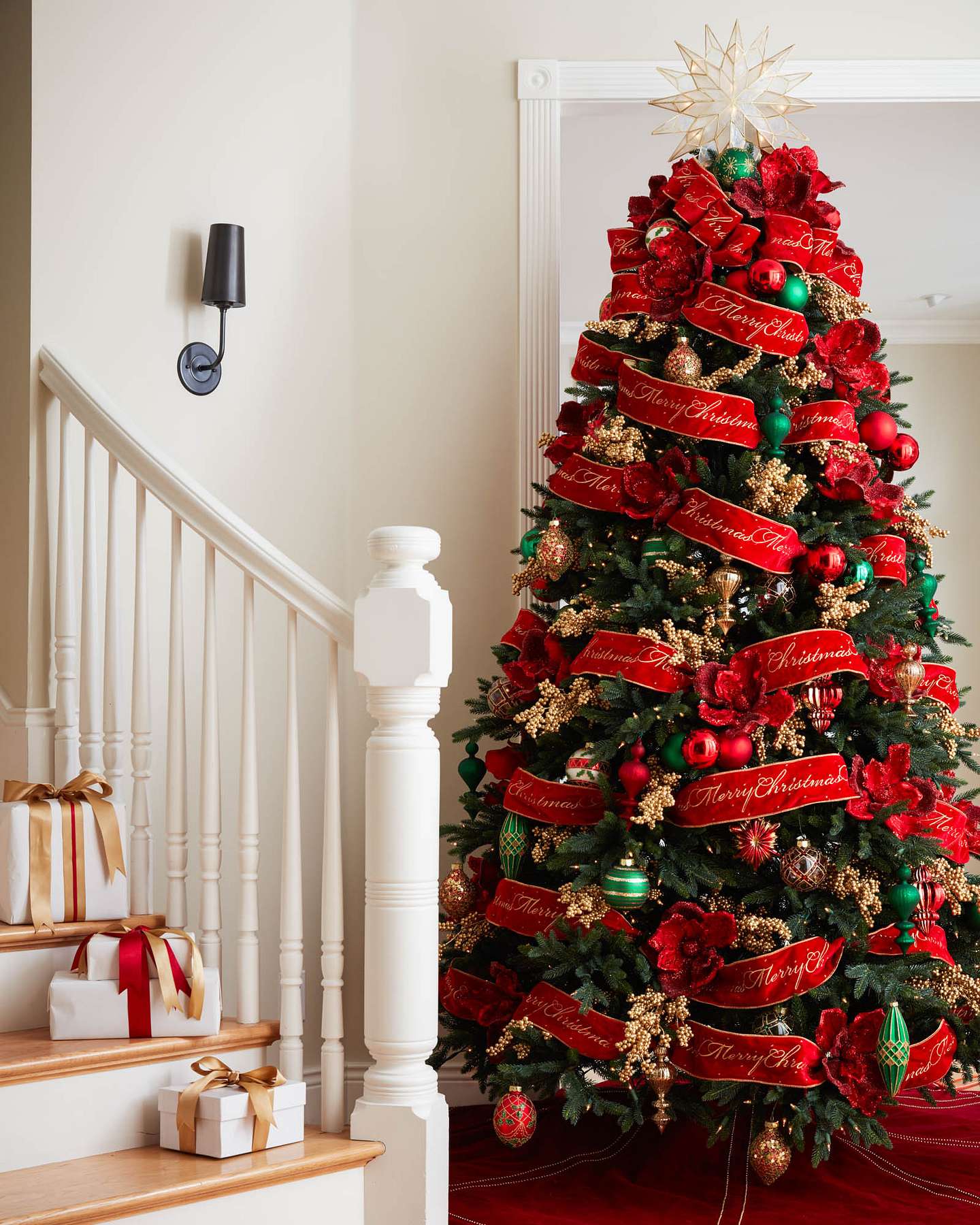 Balsam Hill Bold Red Christmas Tree Ribbon in a Festive Holiday Setting