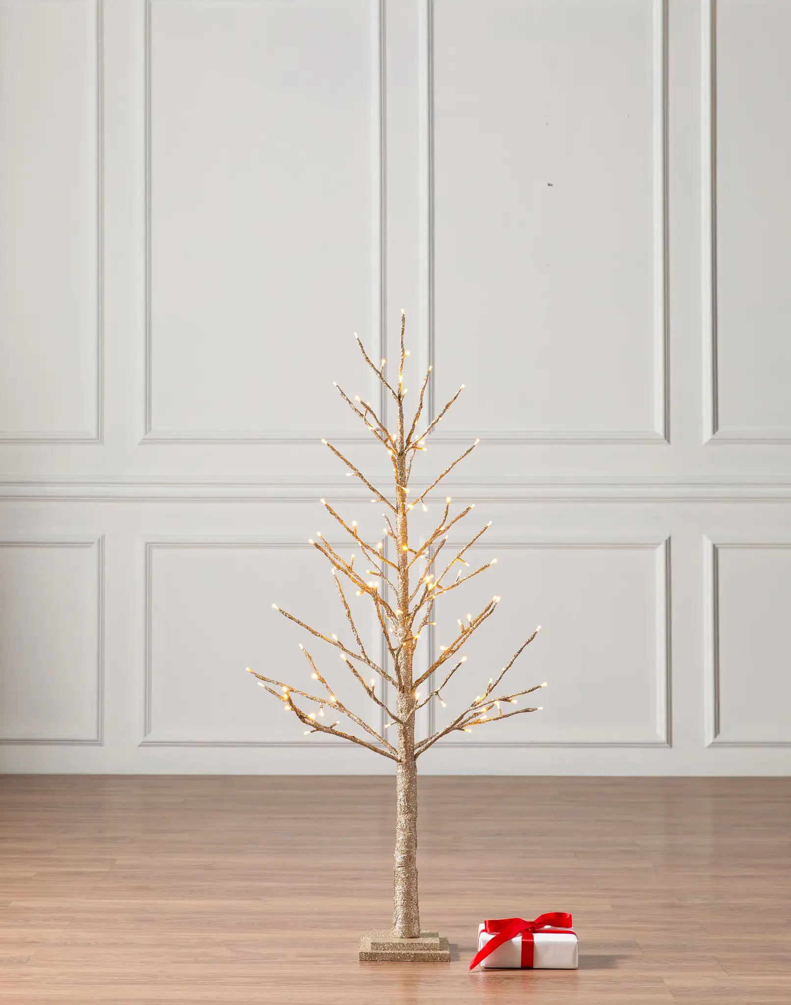 NEW CHRISTMAS JEWELLED GLITTER TWIG TREE 70CM CHAMPAGNE  WITH 48 LED LIGHTS 