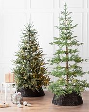 Künstliche Weihnachtsbäume mit Beleuchtung und der Baumständer-Abdeckung Flechtkorb in Dunkelbraun