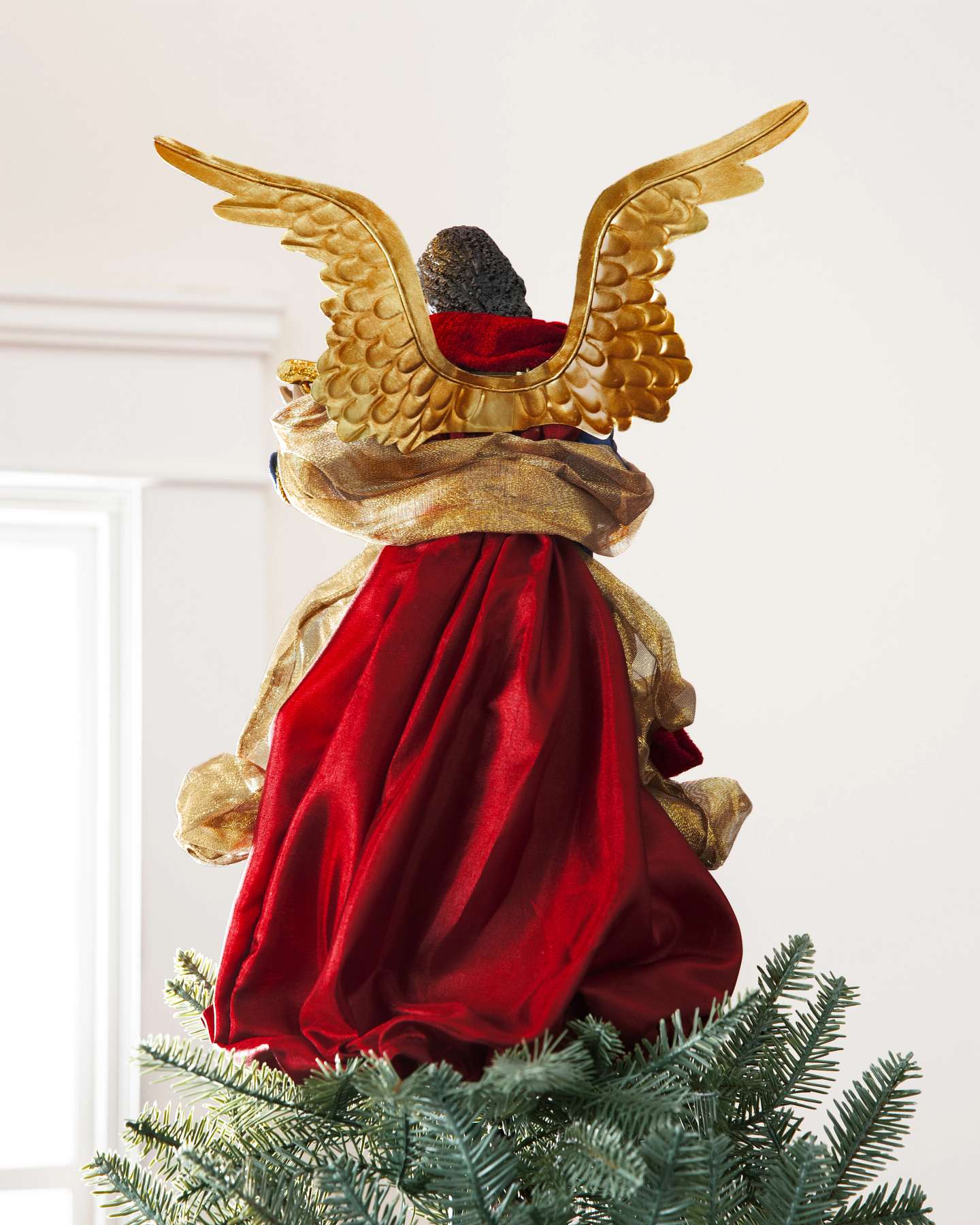 Balsam Hill 14-Inch Burgundy Gilded Black Angel Artificial Christmas Tree Topper Back Closeup