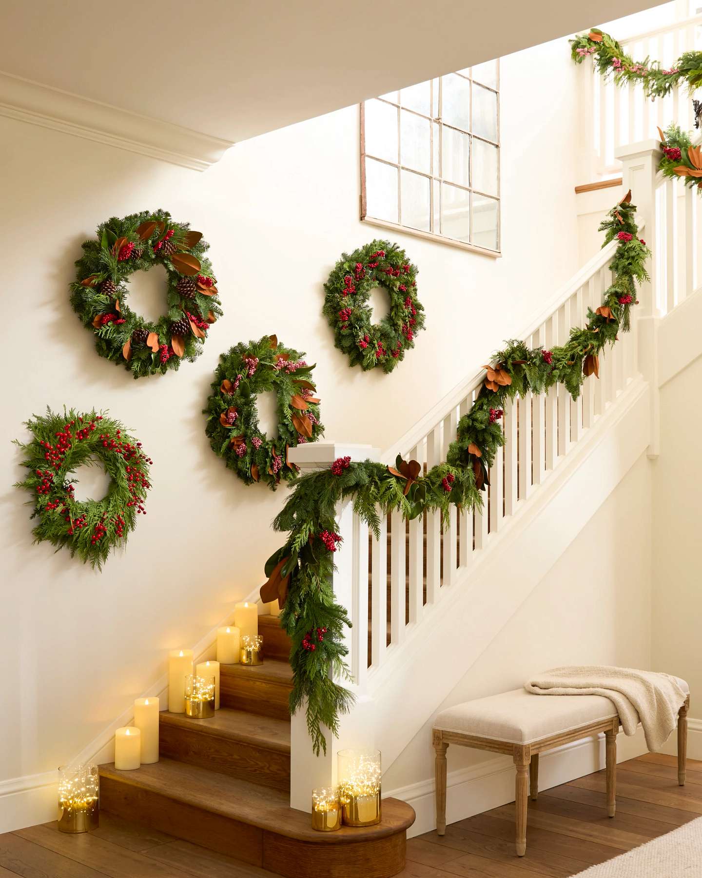 Balsam Hill Fresh Cedar Grove Artificial Christmas Foliage Lifestyle Staircase Display