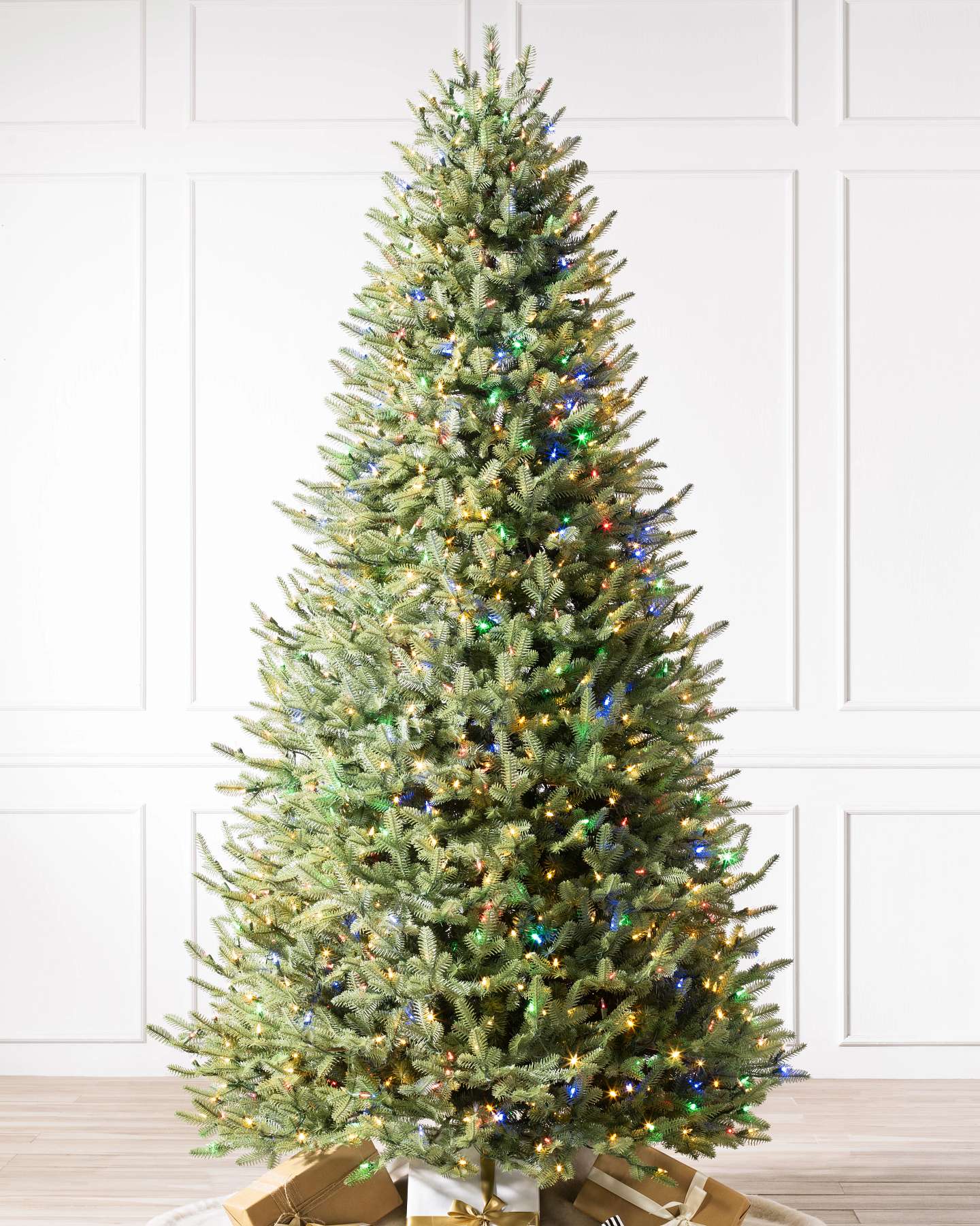Balsam Hill Balsam Fir Narrow Artificial Christmas Tree Closeup with LED Color+Clear Lights Full Display