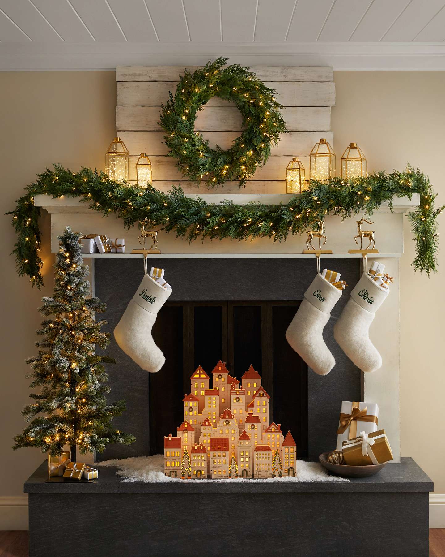 Balsam Hill Lit Wooden Christmas Olde Town Displayed on Festive Shelf