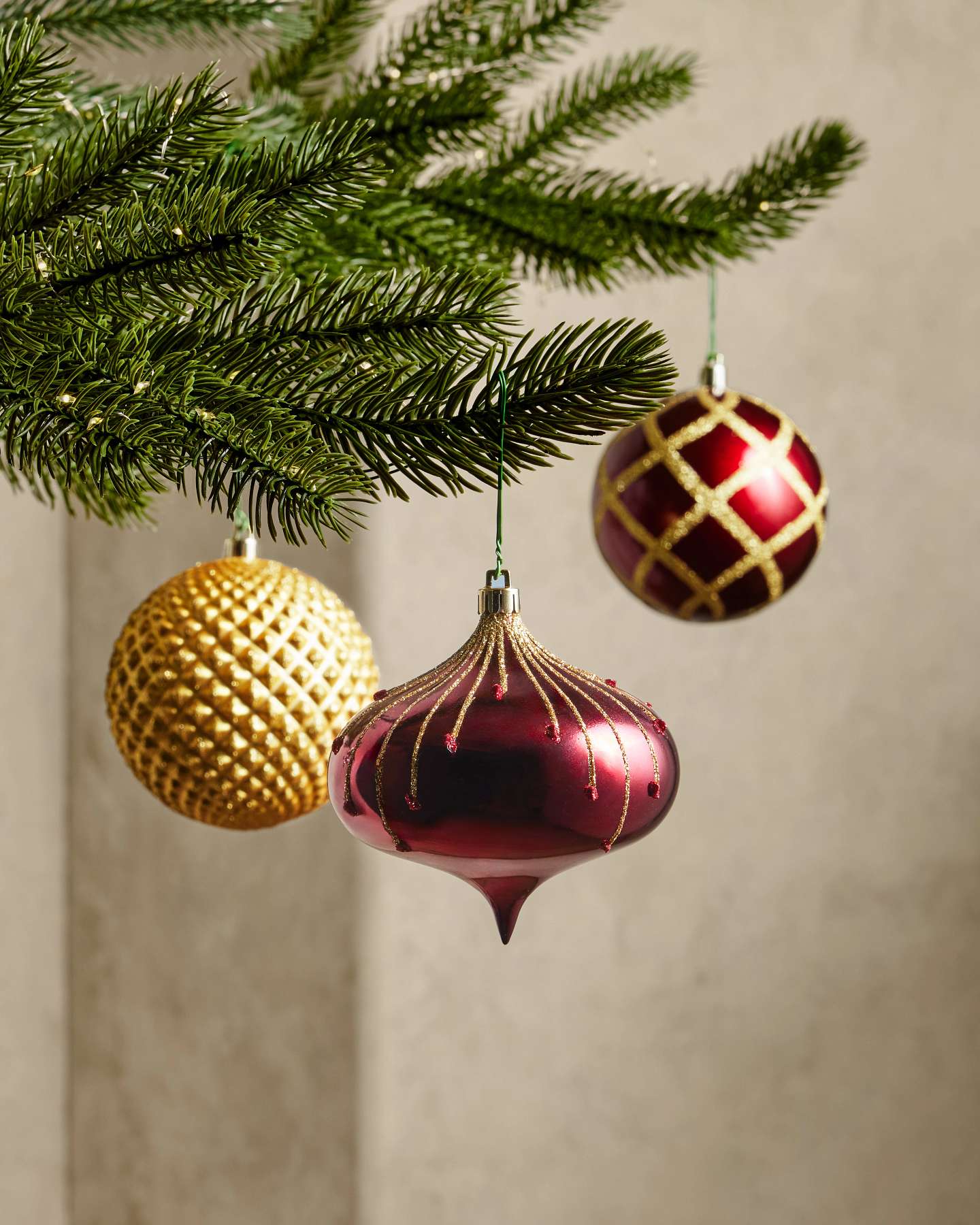 Balsam Hill Royal Burgundy Shatter Resistant Artificial Christmas Ornament Set of 40 Close-Up