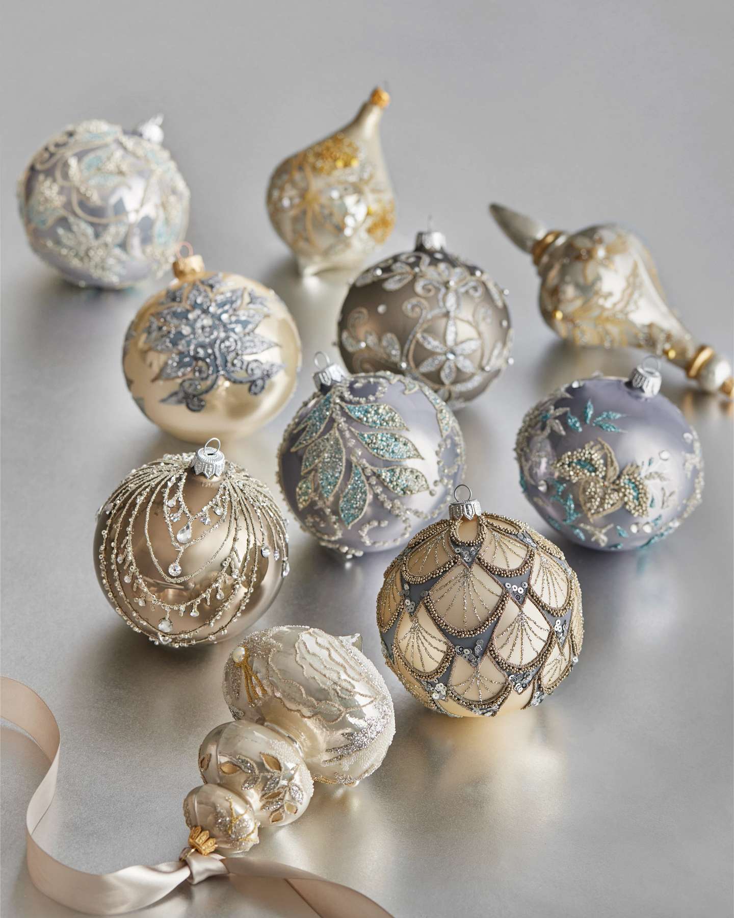 Balsam Hill Decorated Glass Ball Christmas Ornament Set of 4 Lifestyle Display Blue and Gold Accent