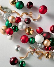 Christmas balls in red, green, white, silver, and gold colors