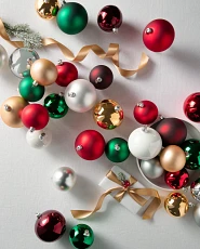 Christmas balls in red, green, white, silver, and gold colors