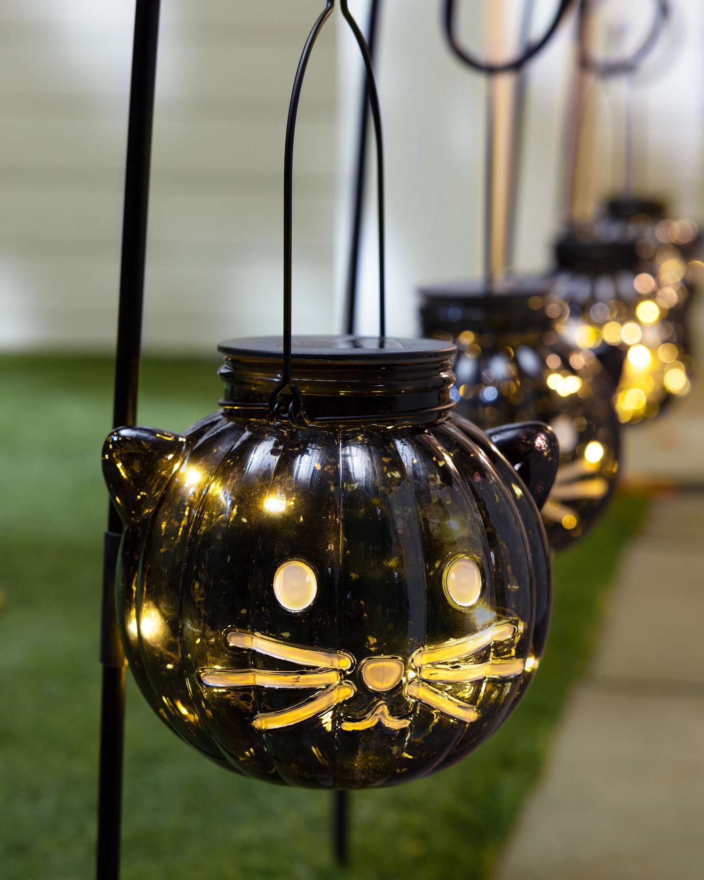 Balsam Hill Solar Black Cat Pathway Lights Set of 4 Close Up Highlighting Features