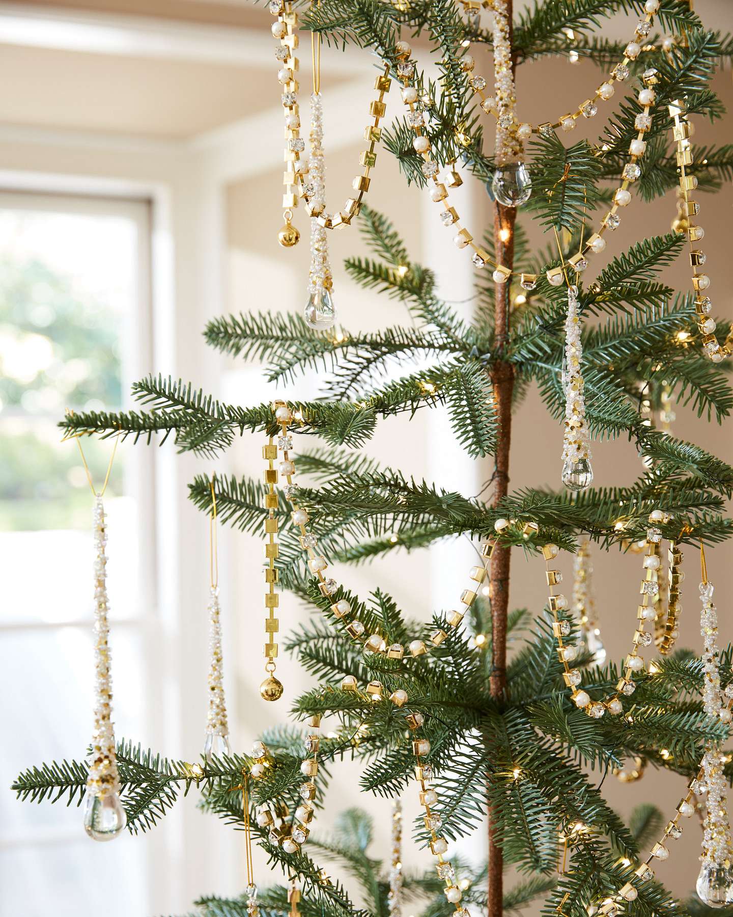 Balsam Hill Crystal and Pearl Beaded Gold Artificial Christmas Tree Garland Set of 3 Closeup
