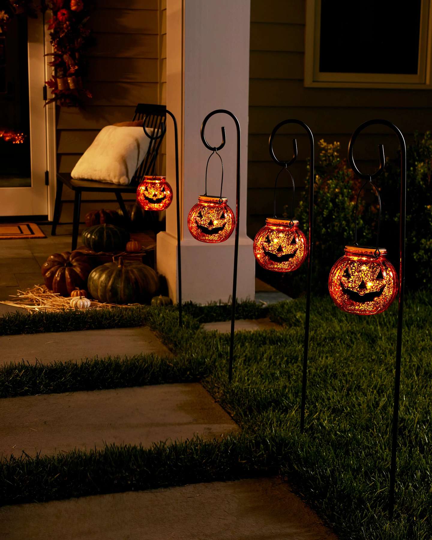 Balsam Hill Solar Powered Jack O Lantern Pathway Lights Set of 4 on a White Background