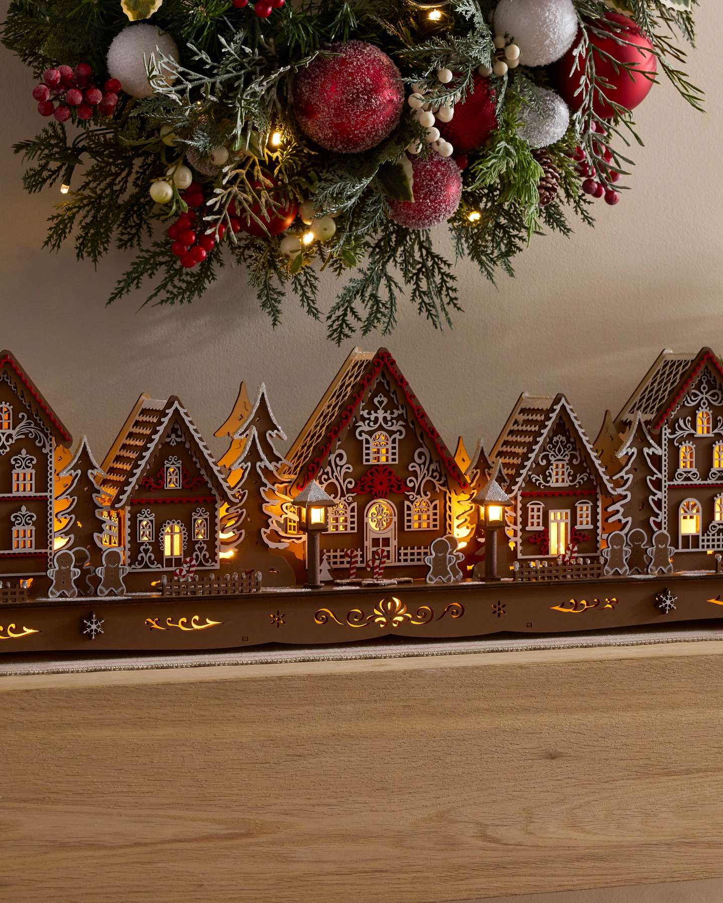 Lit Wooden Gingerbread Christmas Village