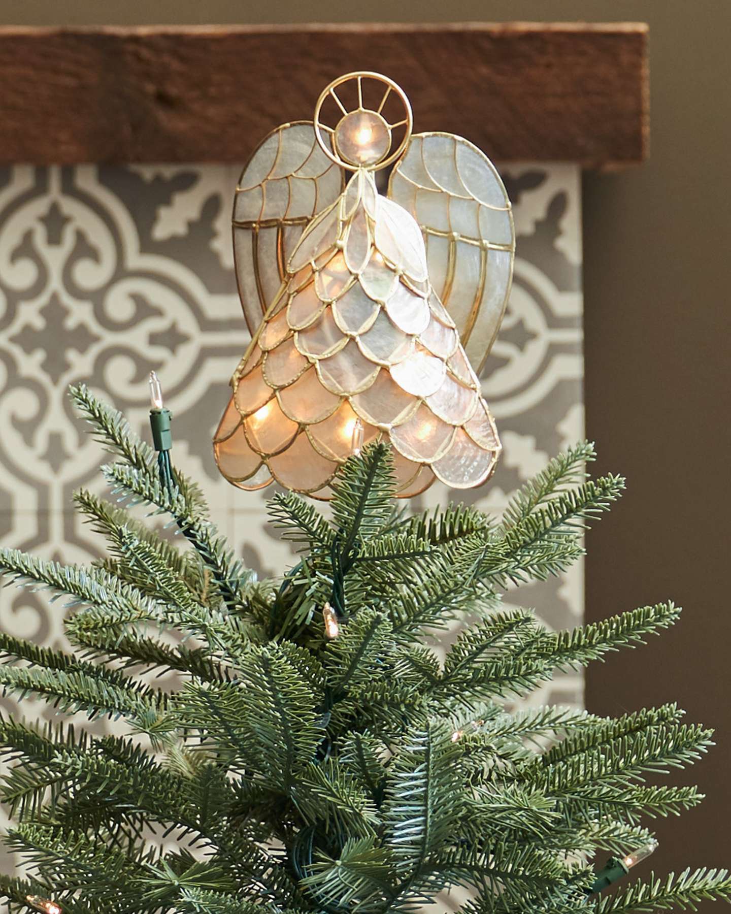 Balsam Hill 8-Inch Capiz Angel Lighted Tree Topper Closeup