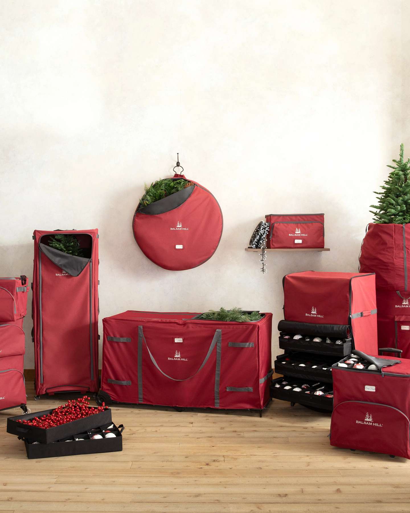 Balsam Hill Deluxe Rolling Christmas Ornament Chest Lifestyle Display with Other Storage Bags