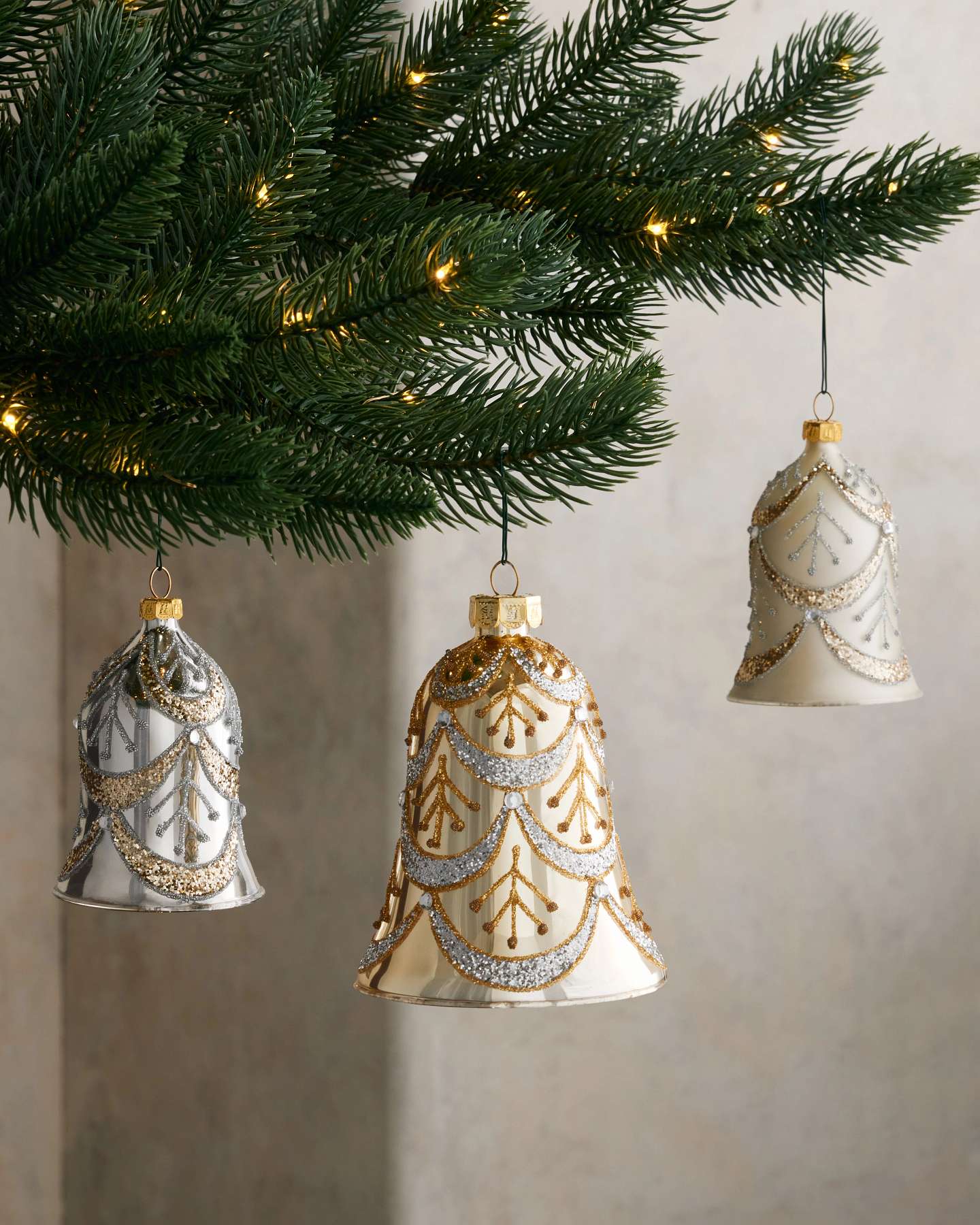 Gilded Glory Glass Bell Ornaments, Set of 8