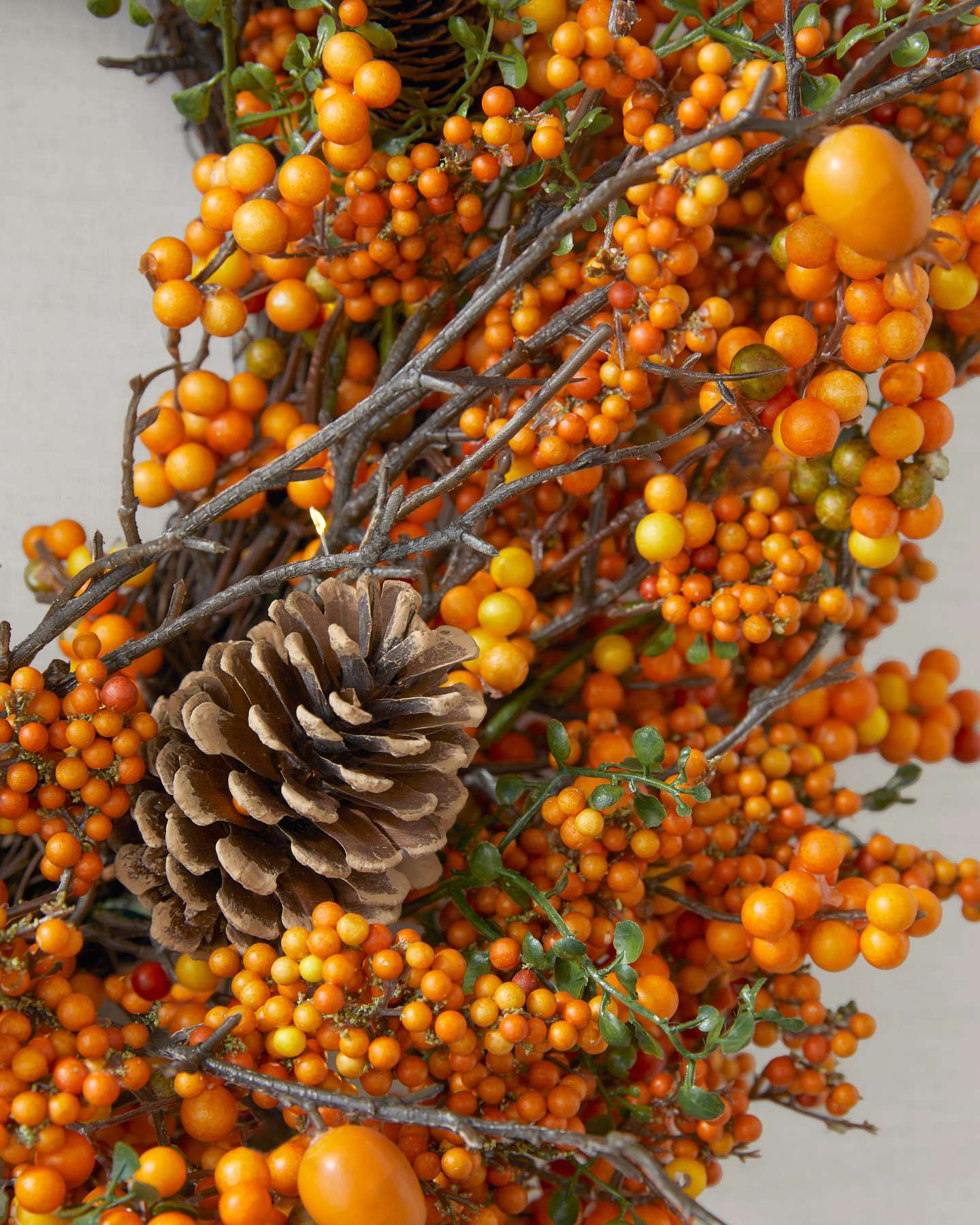Balsam Hill Orange Berry and Pinecone Artificial Fall Wreath Detail View