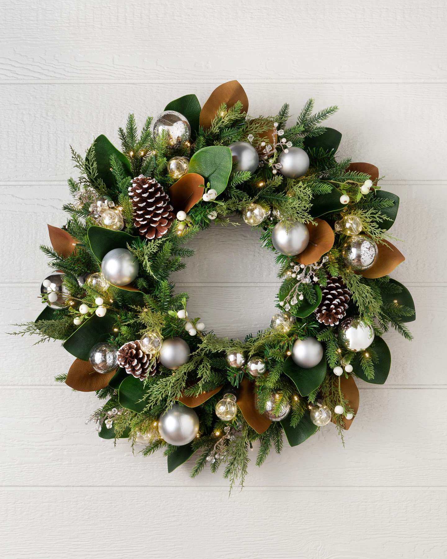Balsam Hill Outdoor Sterling Memories Artificial Christmas Wreath 28-Inch LED Full View