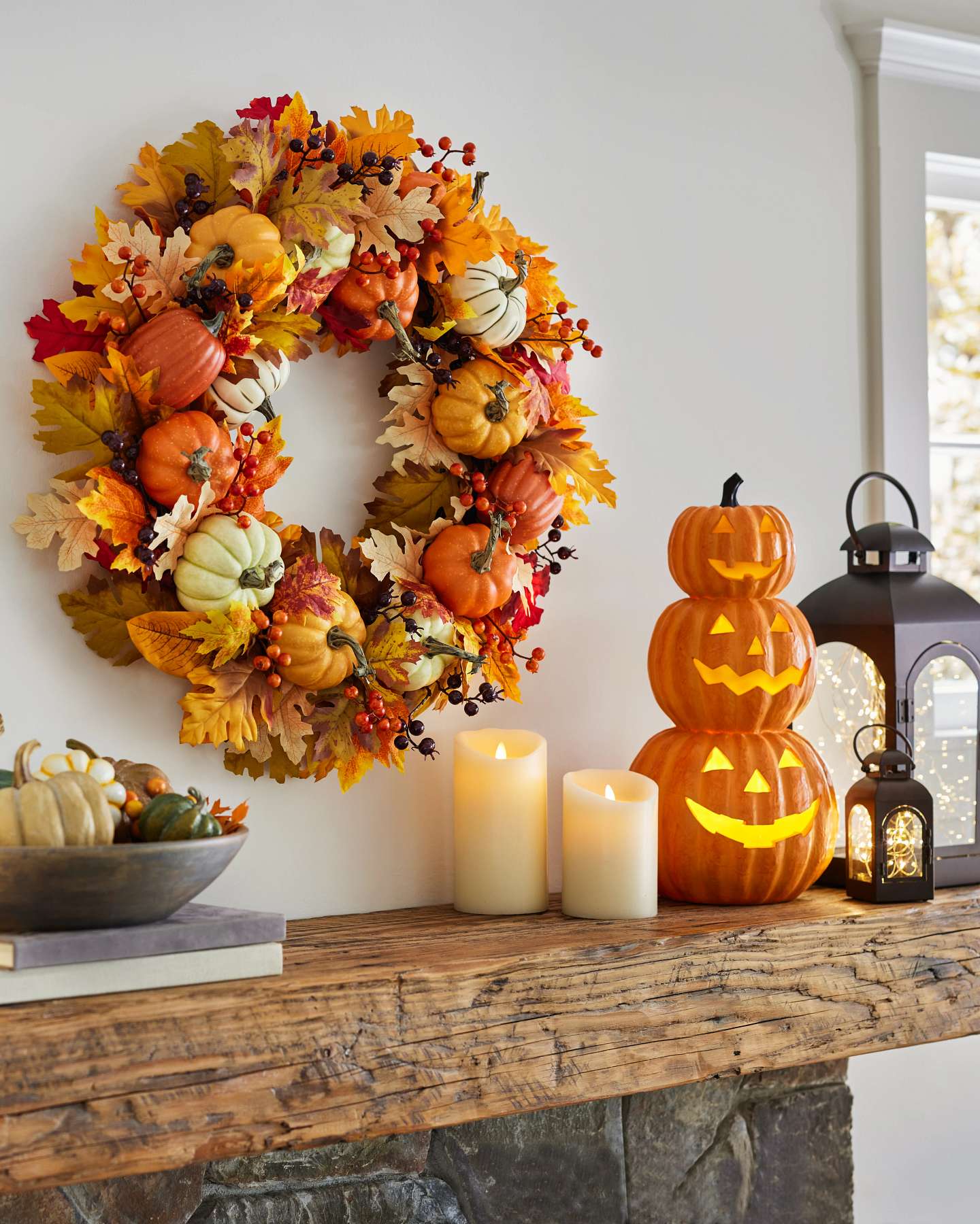 Balsam Hill Lit Tabletop Stacked Jack-o'-Lanterns Lifestyle Display