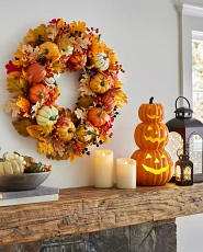 Fireplace mantel decorated for Halloween