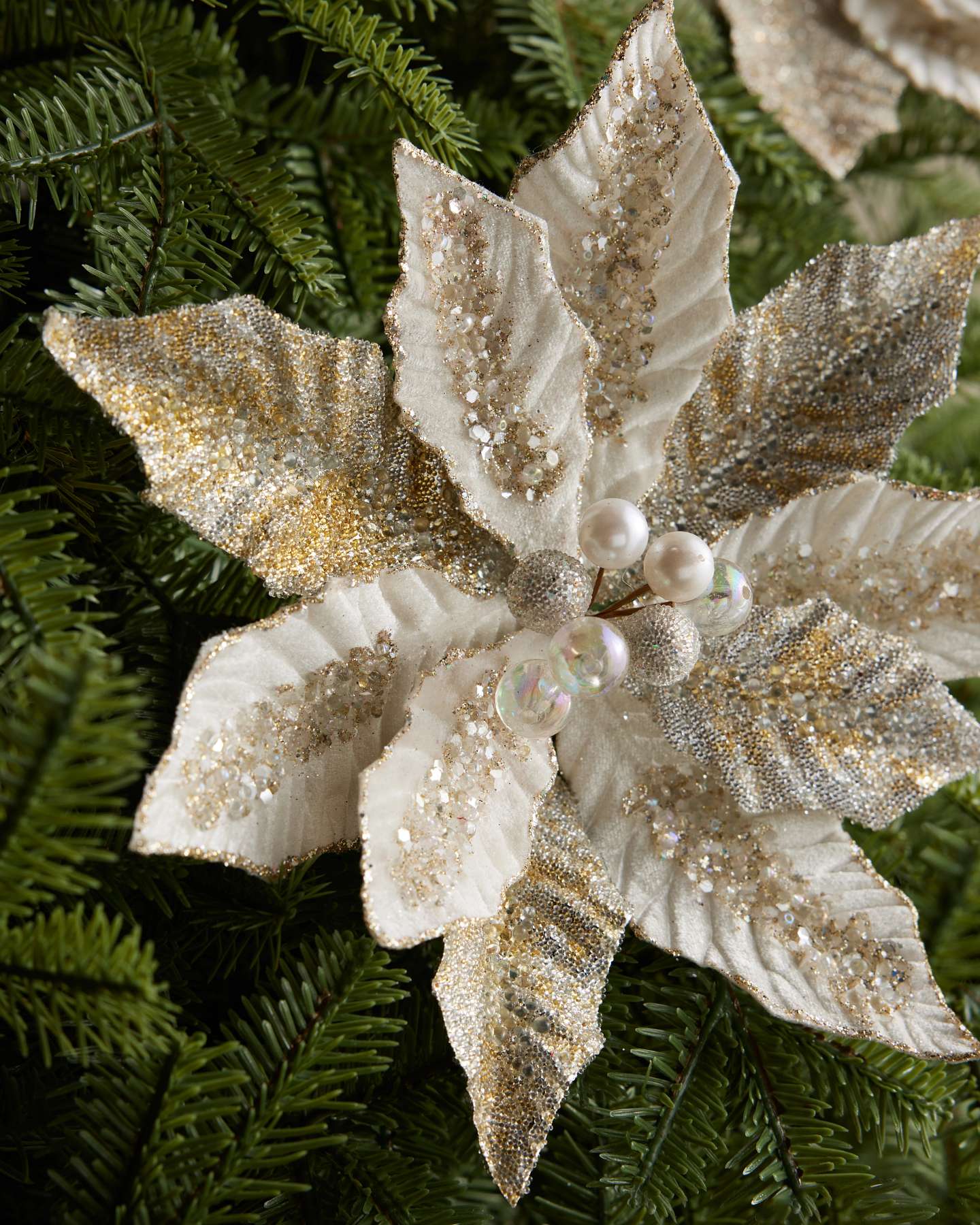 Ivory Glittered Beaded Velvet Poinsettia Picks, Set of 12