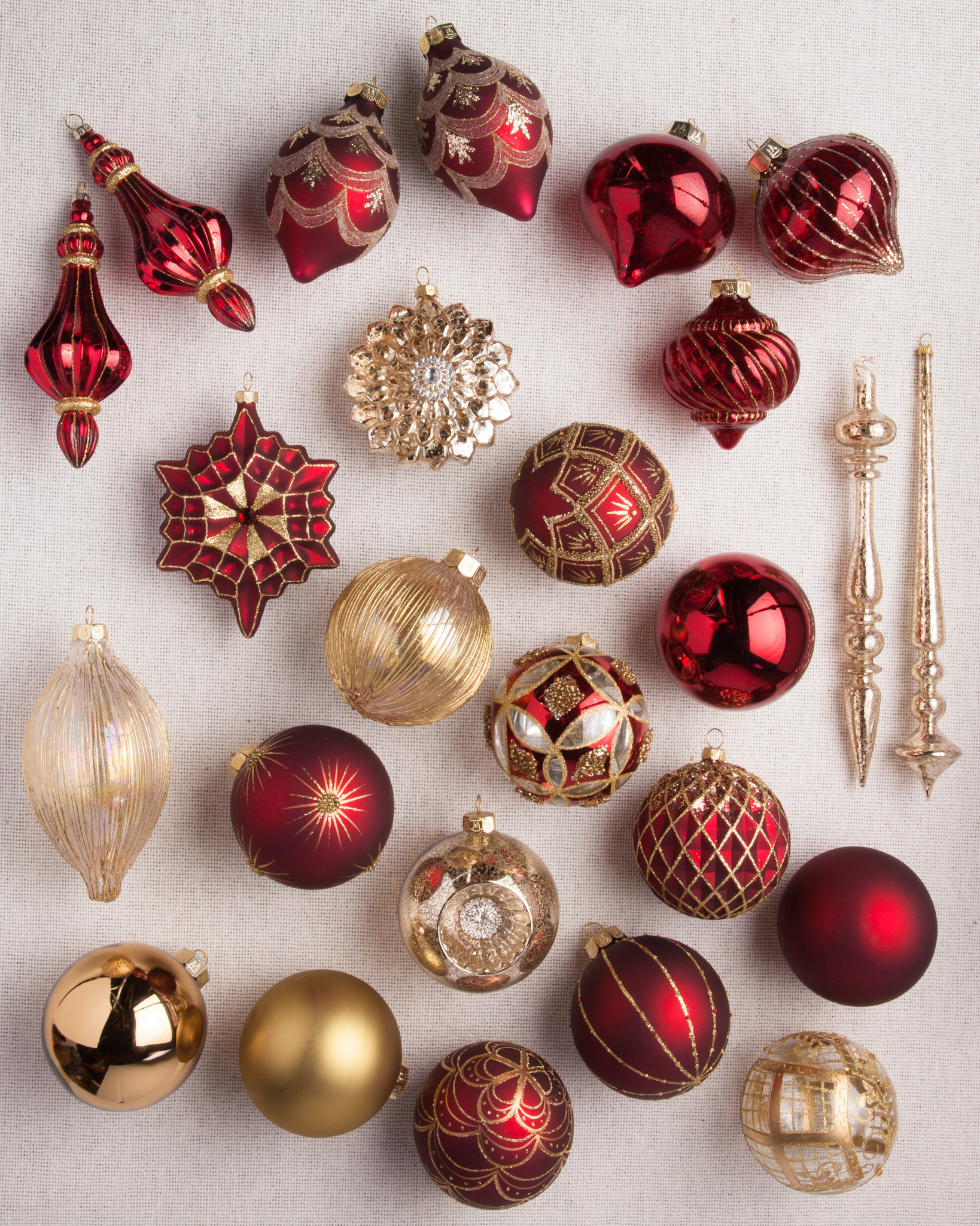 Set of burgundy and gold glass ornaments
