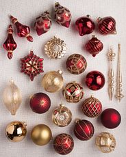 Set of burgundy and gold glass ornaments