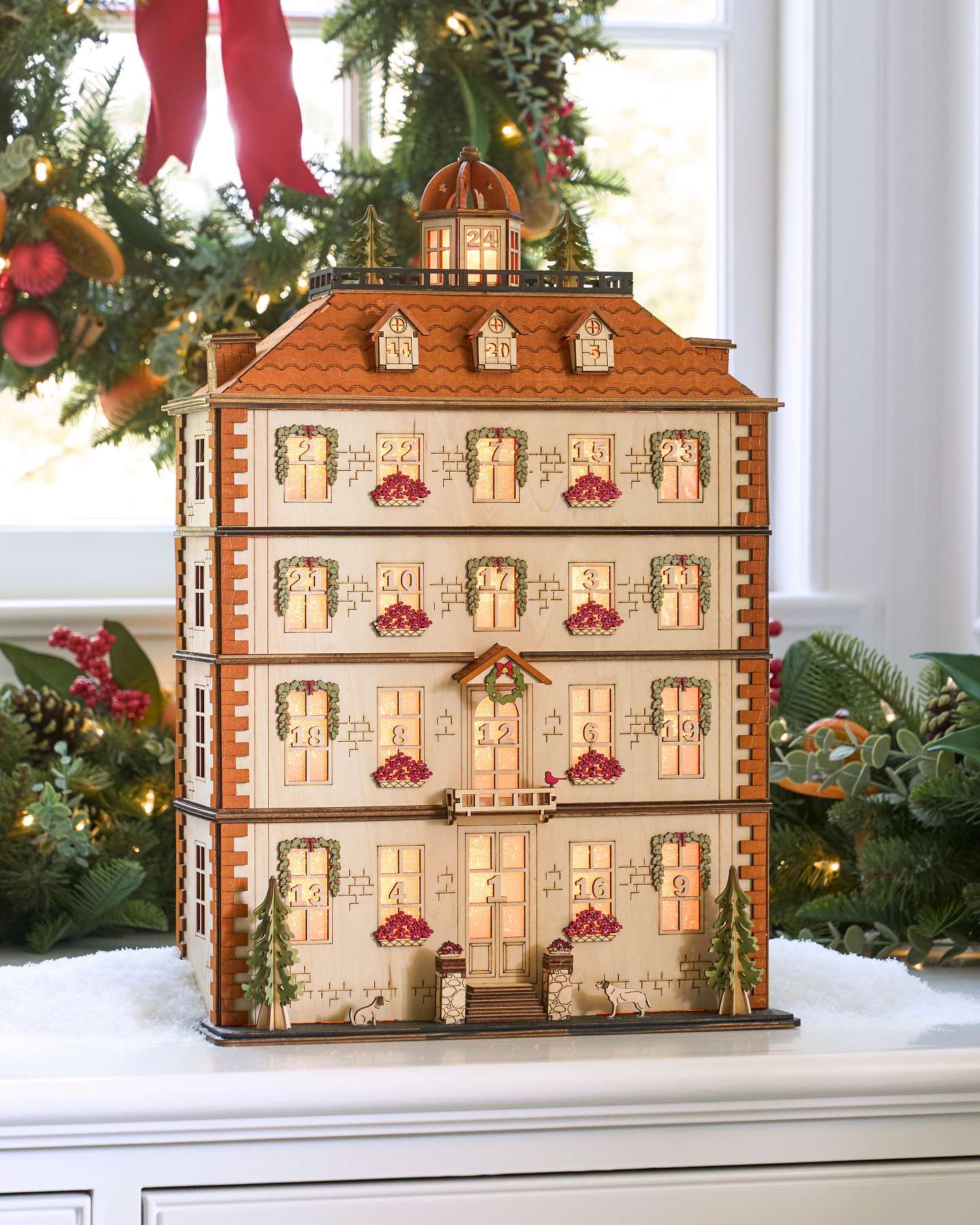 Balsam Hill Lit Wooden Olde Manor Advent Calendar Product Display