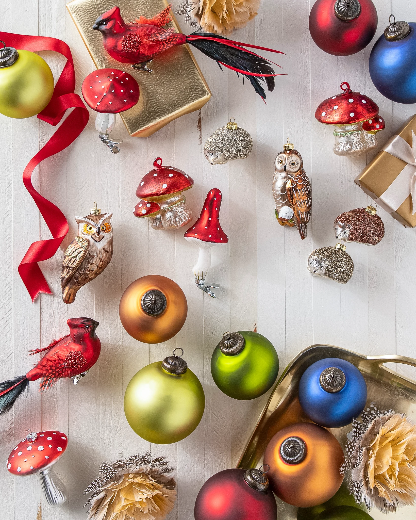 Enchanted Woodlands Christmas tree ornaments on white background