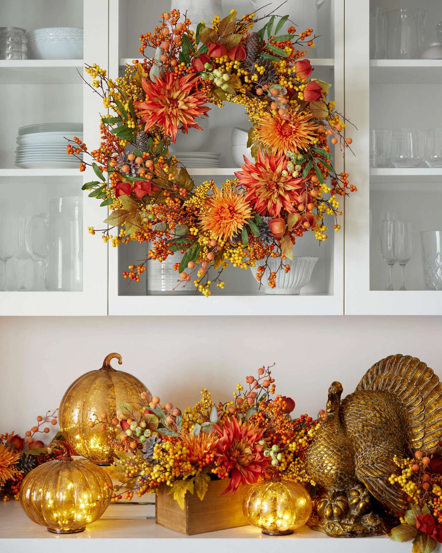 Balsam Hill Fall Berries And Blossoms Artificial Foliage Lifestyle Cupboard Display Closeup