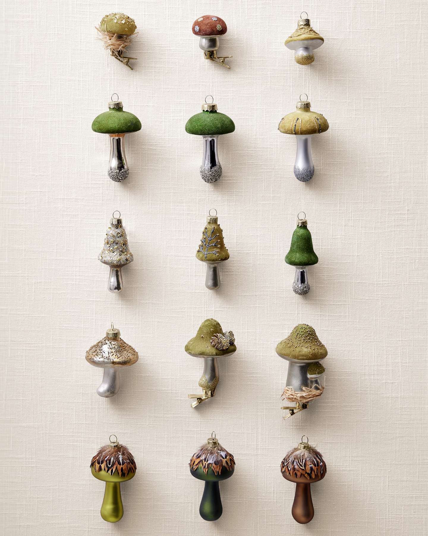 Balsam Hill Green Woodland Glass Mushroom Christmas Ornaments Set of 15 Display