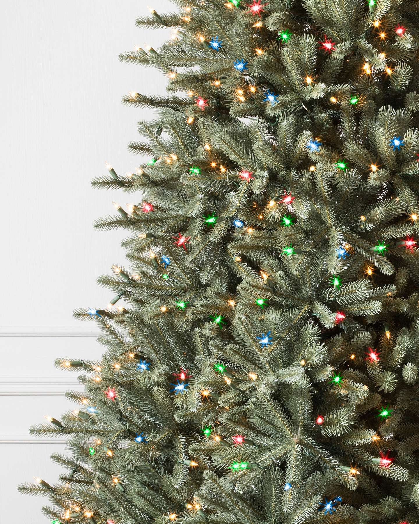 Balsam Hill Blue Spruce Flip Artificial Christmas Tree Closeup with LED Color+Clear Lights Closeup
