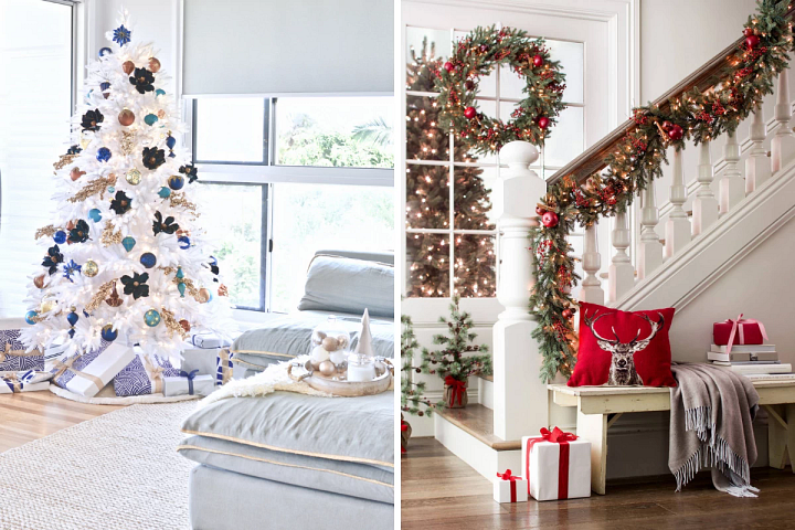 Living room with a white decorated Christmas tree and festive artificial greenery along the stairs