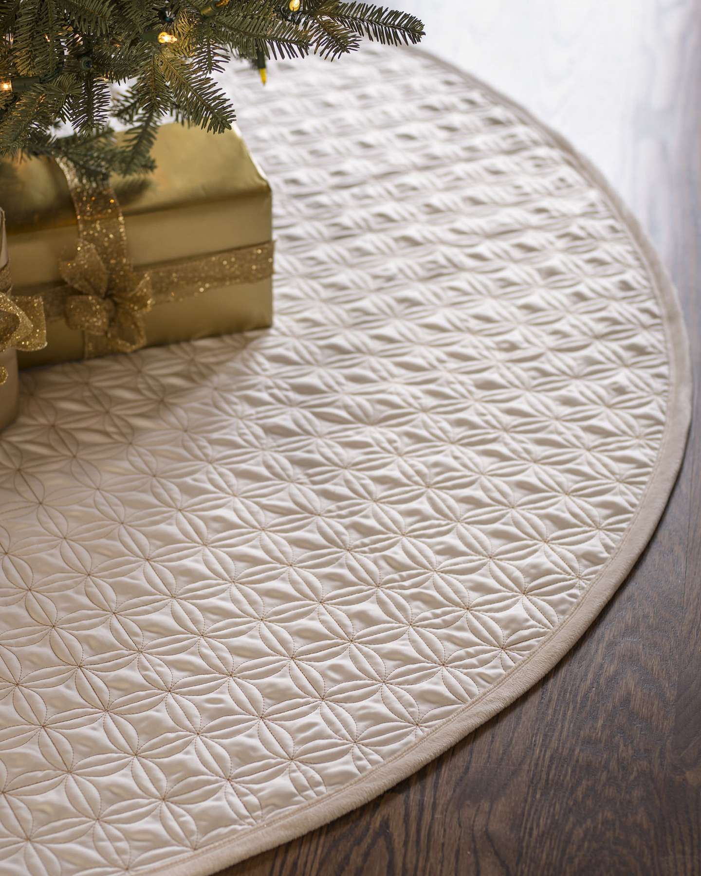 Balsam Hill Ivory Lancaster Quilted Velvet Artificial Christmas Tree Skirt Tree Display Closeup
