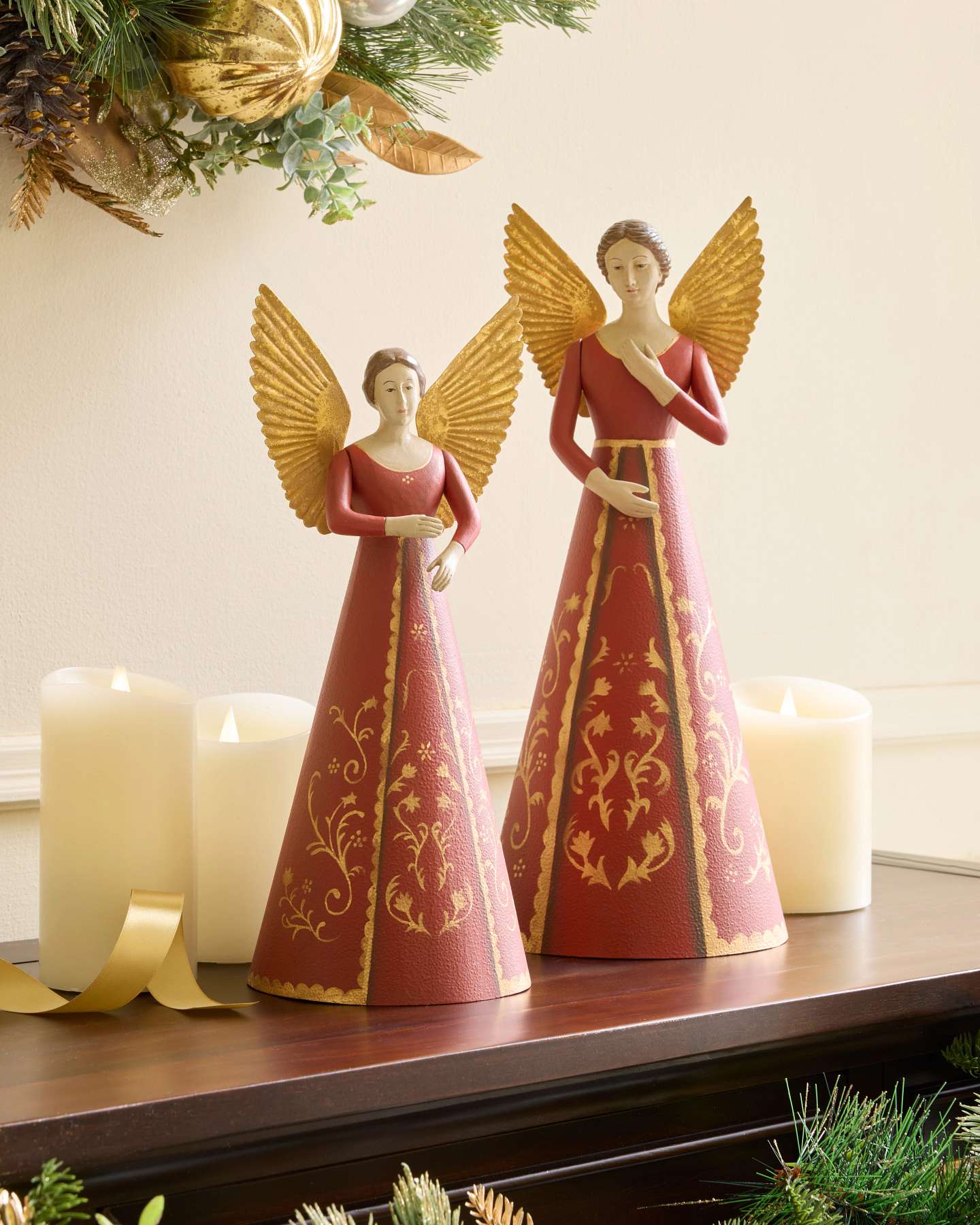 16" Red Gilded Holy Angels, Set of 2