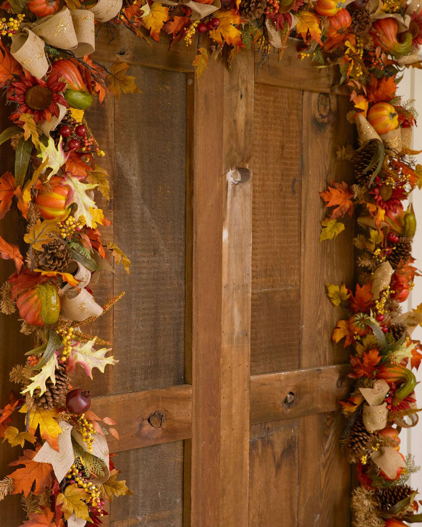 Balsam Hill Fall Harvest Artificial Foliage Lifestyle Rustic Door Display Closeup
