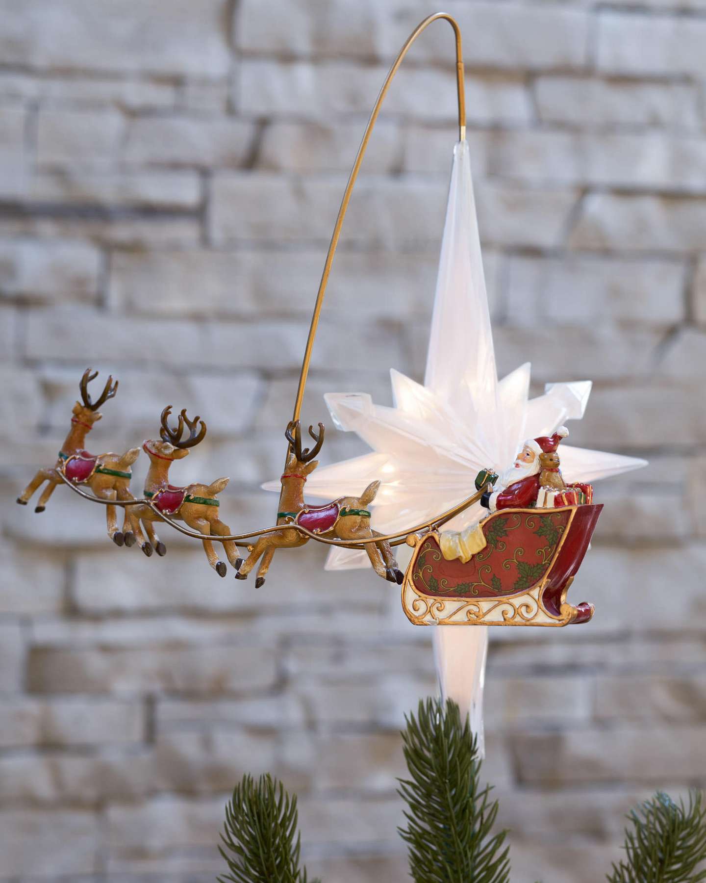 Balsam Hill Santa’s Sleigh Animated Artificial Christmas Tree Topper in Festive Room