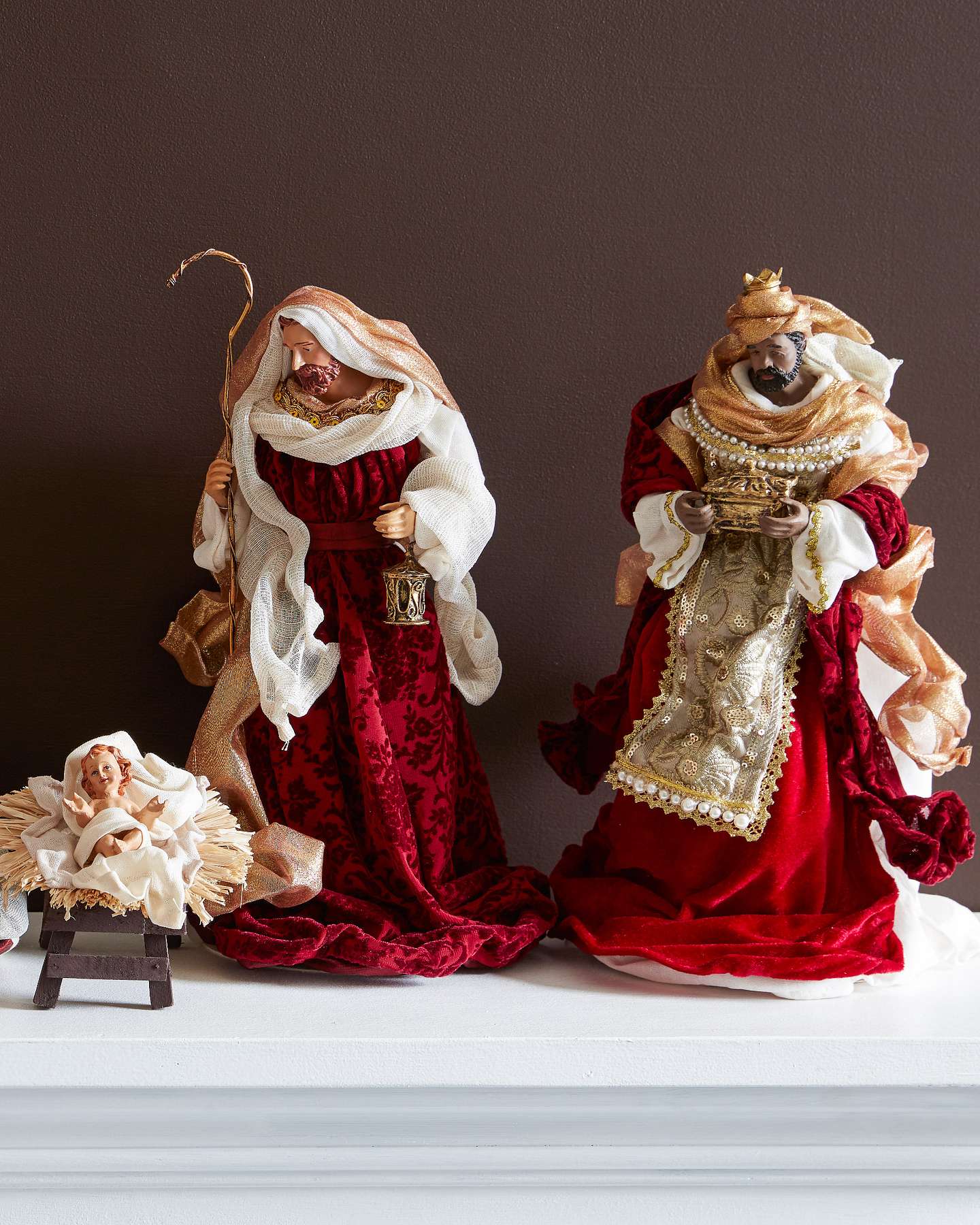 Balsam Hill Burgundy and Gold Nativity Scene Set of 6 Closeup Baby Jesus with Joseph and Balthazar