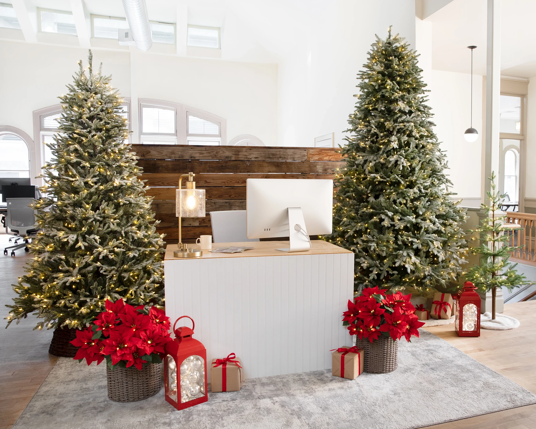 Front office area decorated with artificial Christmas trees, potted faux poinsettia plants, and lanterns