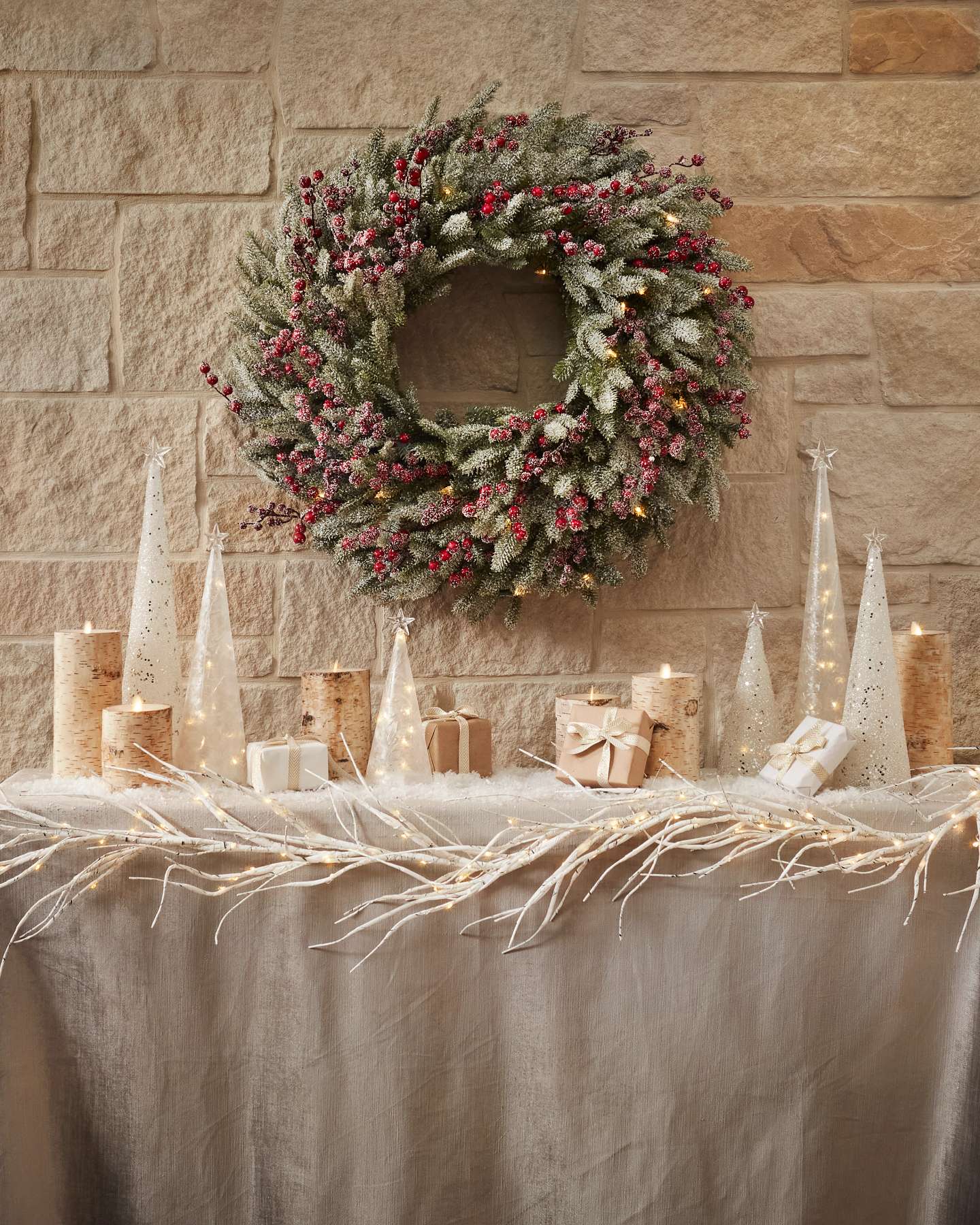 Balsam Hill Miracle Flame LED Birch Candle Styled with Cozy Winter Accents