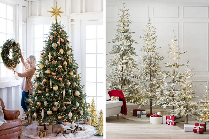 Fotocollage mit geschmückten Weihnachtsbäumen