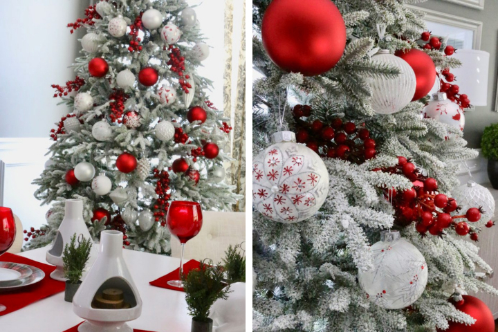christmas trees decorated in red and silver