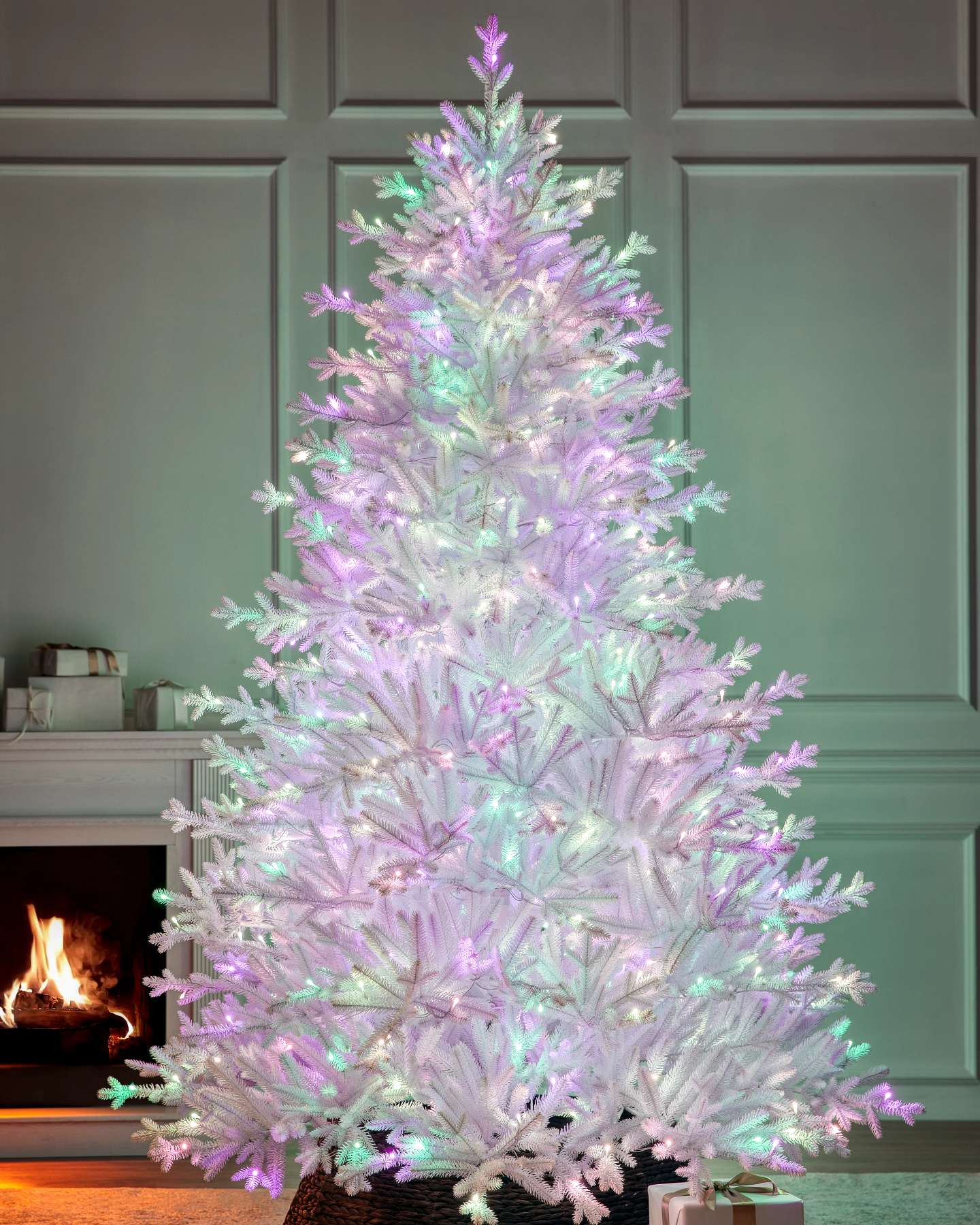 Balsam Hill Denali White Artificial Christmas Tree Lifestyle Fireplace Display