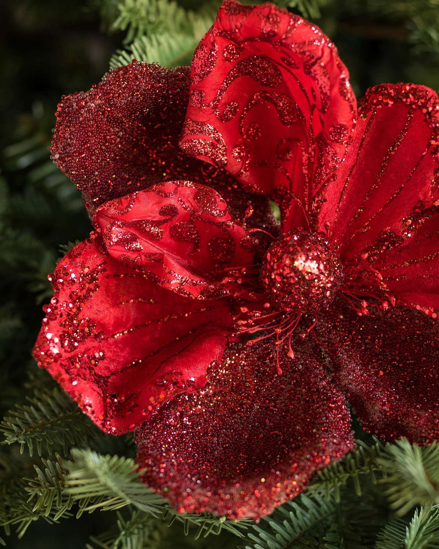 Balsam Hill Red Glitter Magnolia Artificial Christmas Tree Picks Set of 12 Closeup View