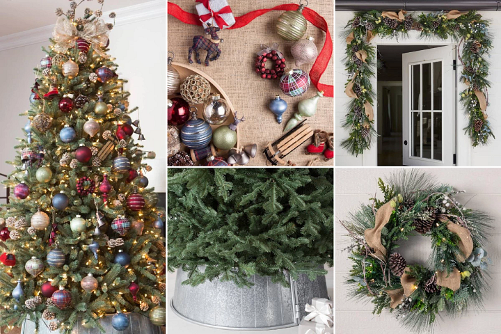 Farmhouse-themed Christmas decorating with rustic accents and plaid patterns