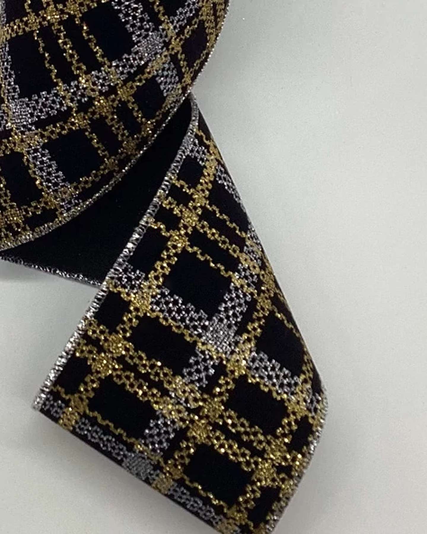 4" x 10yds Black Velvet Glitter Plaid Christmas Ribbon