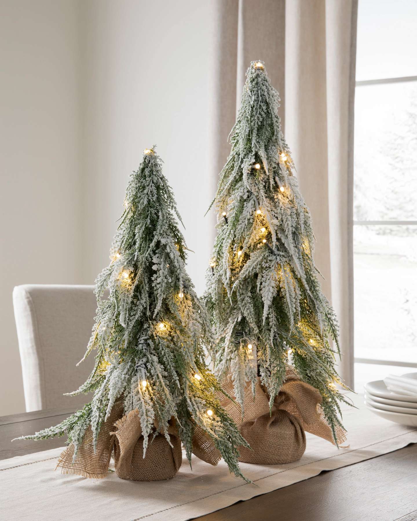 Balsam Hill Snowfall Downswept Tabletop Artificial Christmas Trees Set of 2 LED Styled for Display