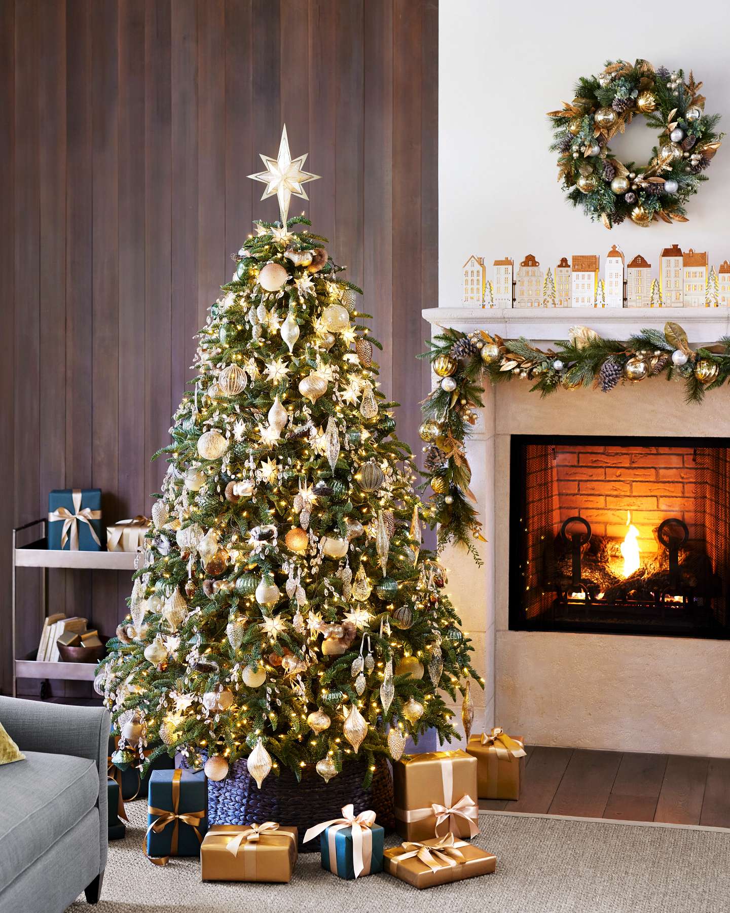 Balsam Hill Noble Fir Artificial Christmas Tree Lifestyle Fireplace Display
