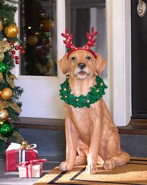 Outdoor Lit Festive Pup Life-Size Dog Outdoor Lit Festive Pup Life-Size Dog