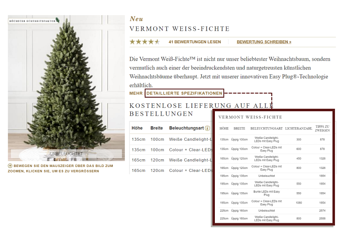 Screenshot der Produktseite eines künstlichen Weihnachtsbaums