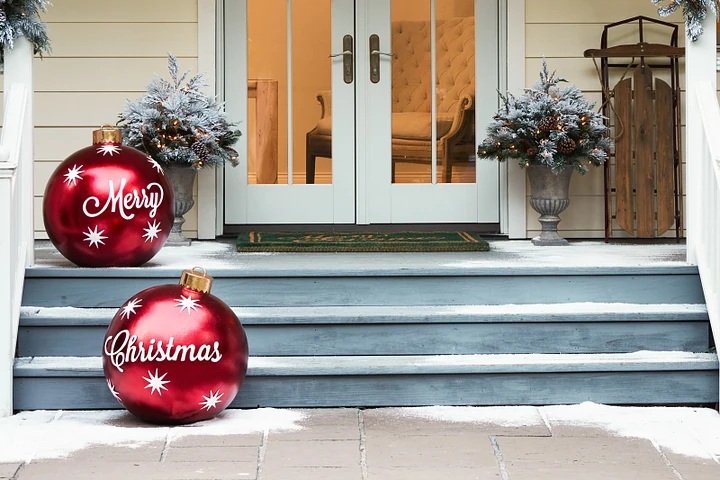 Oversized Merry Christmas balls on porch steps
